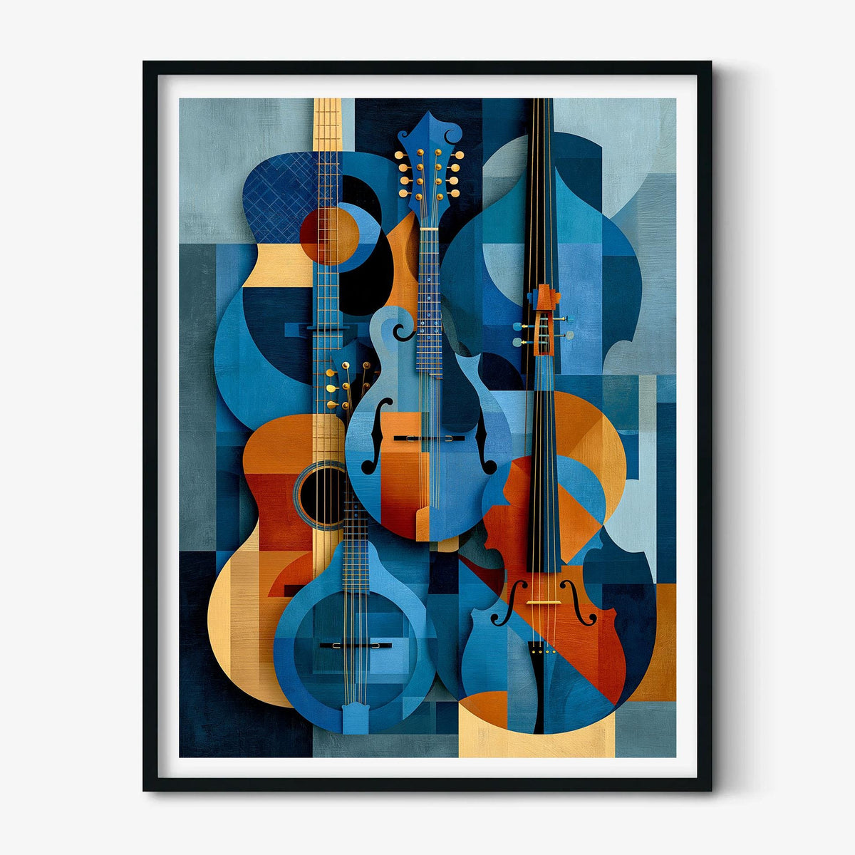Abstract Musical Instruments Print, Blue Orange Guitar Cello Art, Music Room Decor