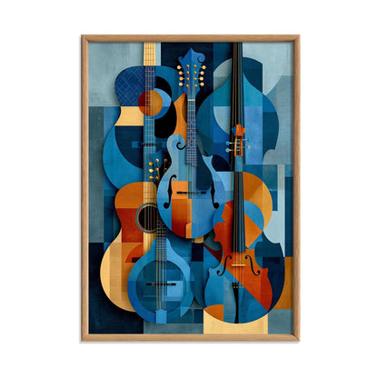 Abstract Musical Instruments Print, Blue Orange Guitar Cello Art, Music Room Decor