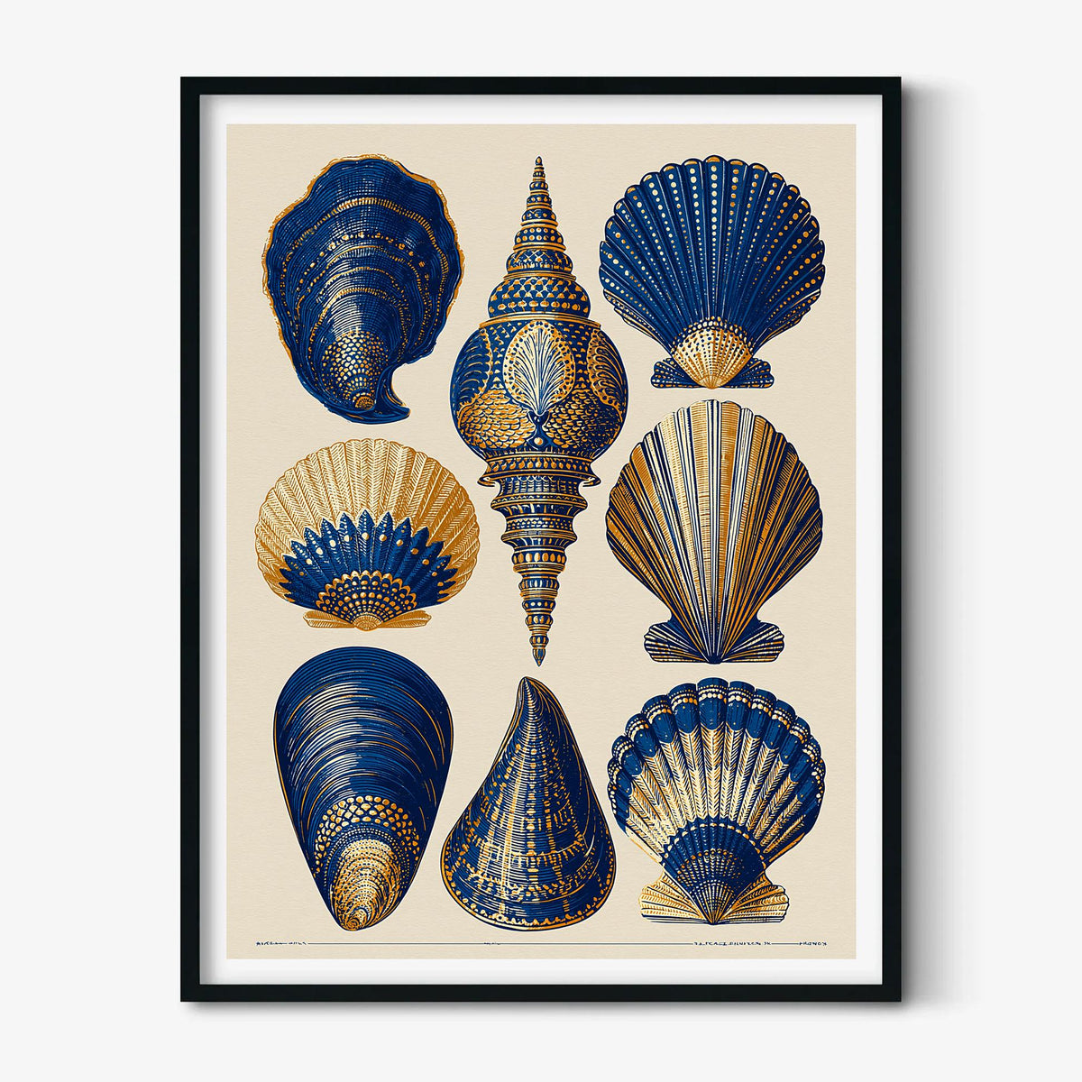 Vintage Seashell Poster, Coastal Art Print, Blue Gold Shell Illustration