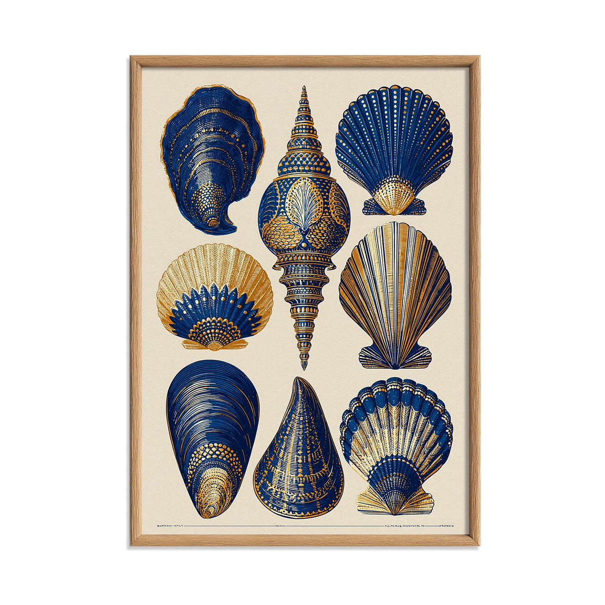 Vintage Seashell Poster, Coastal Art Print, Blue Gold Shell Illustration