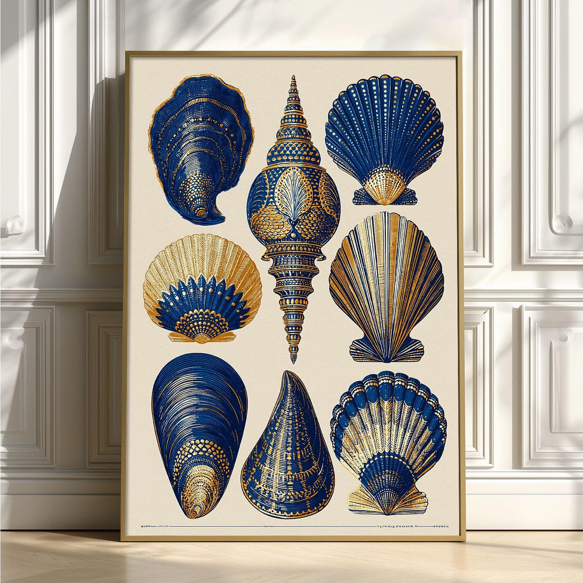 Vintage Seashell Poster, Coastal Art Print, Blue Gold Shell Illustration