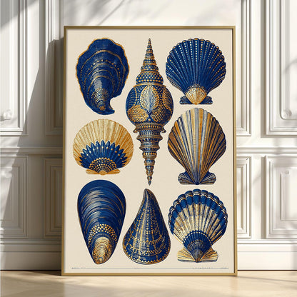Vintage Seashell Poster, Coastal Art Print, Blue Gold Shell Illustration