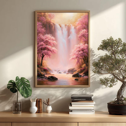 Pink Waterfall Wall Art, Cherry Blossom Poster Print, Spring Forest Picture, Bedroom Nature Decor