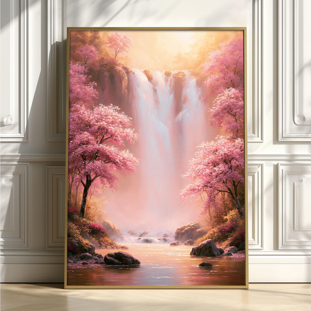 Pink Waterfall Wall Art, Cherry Blossom Poster Print, Spring Forest Picture, Bedroom Nature Decor