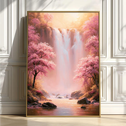 Pink Waterfall Wall Art, Cherry Blossom Poster Print, Spring Forest Picture, Bedroom Nature Decor