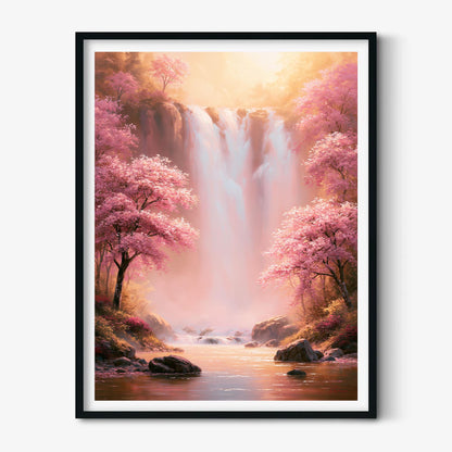 Pink Waterfall Wall Art, Cherry Blossom Poster Print, Spring Forest Picture, Bedroom Nature Decor