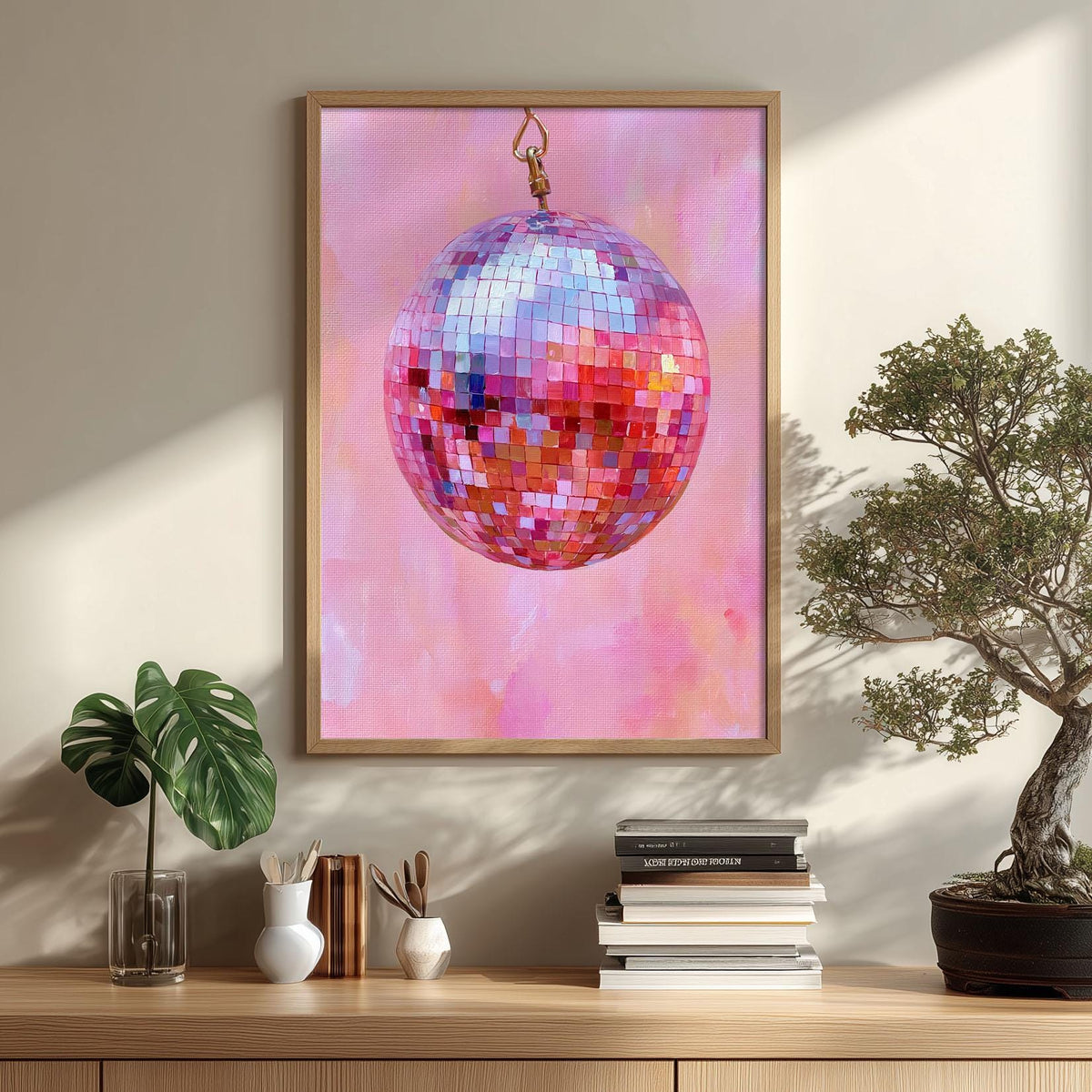 Pink Disco Ball Wall Art, Mirror Ball Poster Print, Retro Party Picture