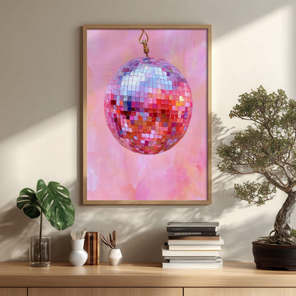Pink Disco Ball Wall Art, Mirror Ball Poster Print, Retro Party Picture
