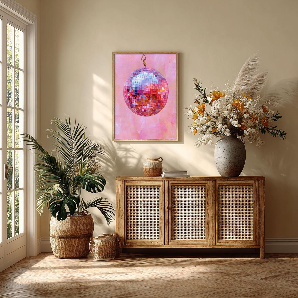 Pink Disco Ball Wall Art, Mirror Ball Poster Print, Retro Party Picture