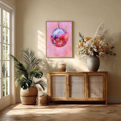 Pink Disco Ball Wall Art, Mirror Ball Poster Print, Retro Party Picture