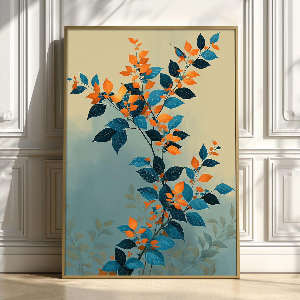 Minimalist Botanical Poster, Teal Orange Print, Leaf Branch Illustration