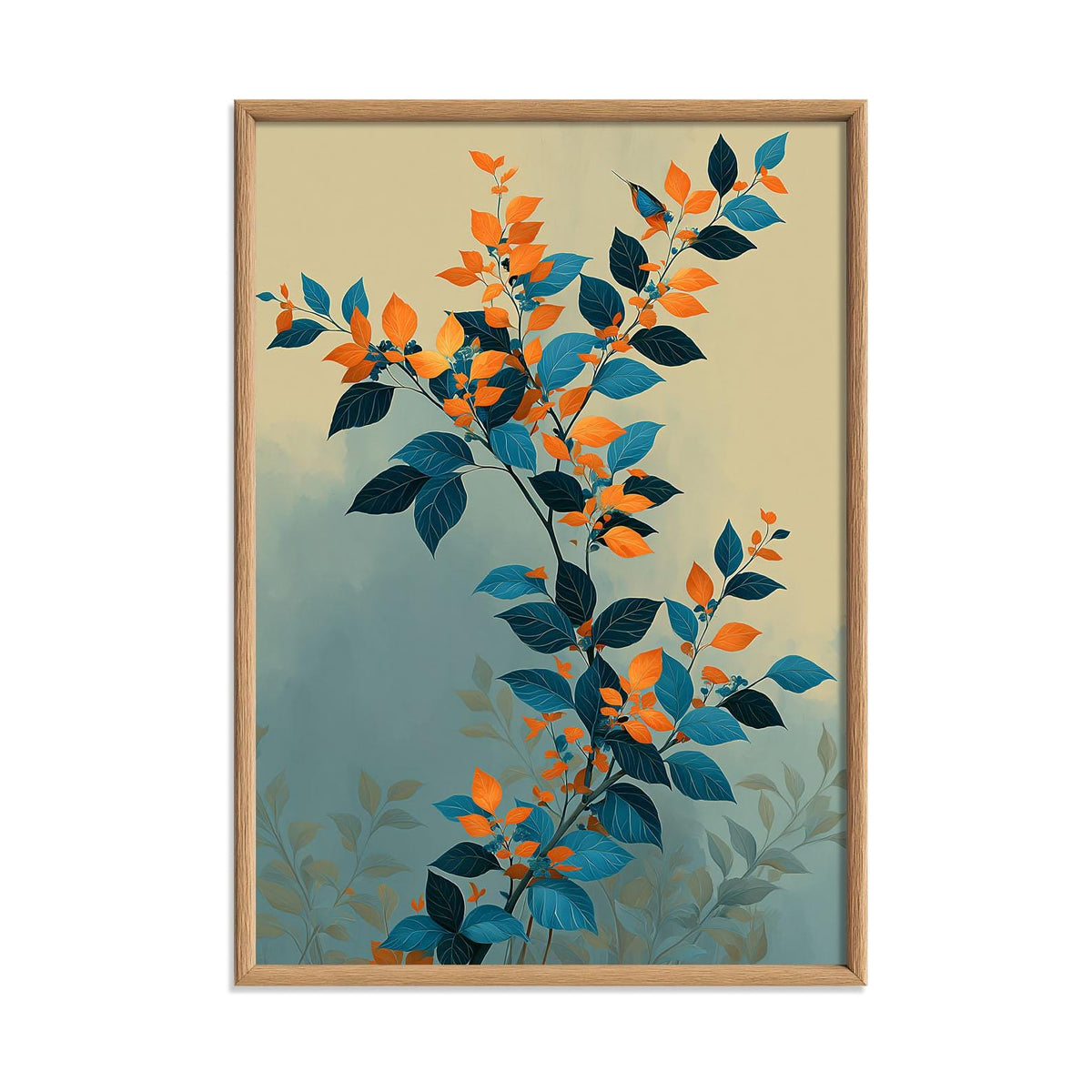 Minimalist Botanical Poster, Teal Orange Print, Leaf Branch Illustration
