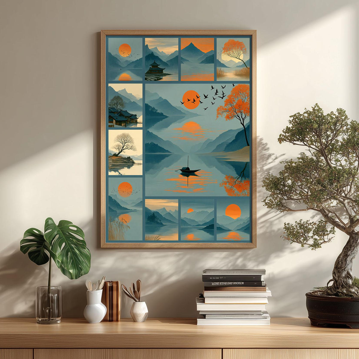 Mid Century Landscape Poster, Japandi Lake Art Print, Orange Sun Mountain Illustration