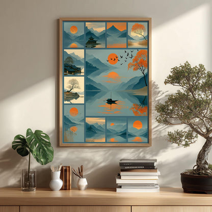 Mid Century Landscape Poster, Japandi Lake Art Print, Orange Sun Mountain Illustration