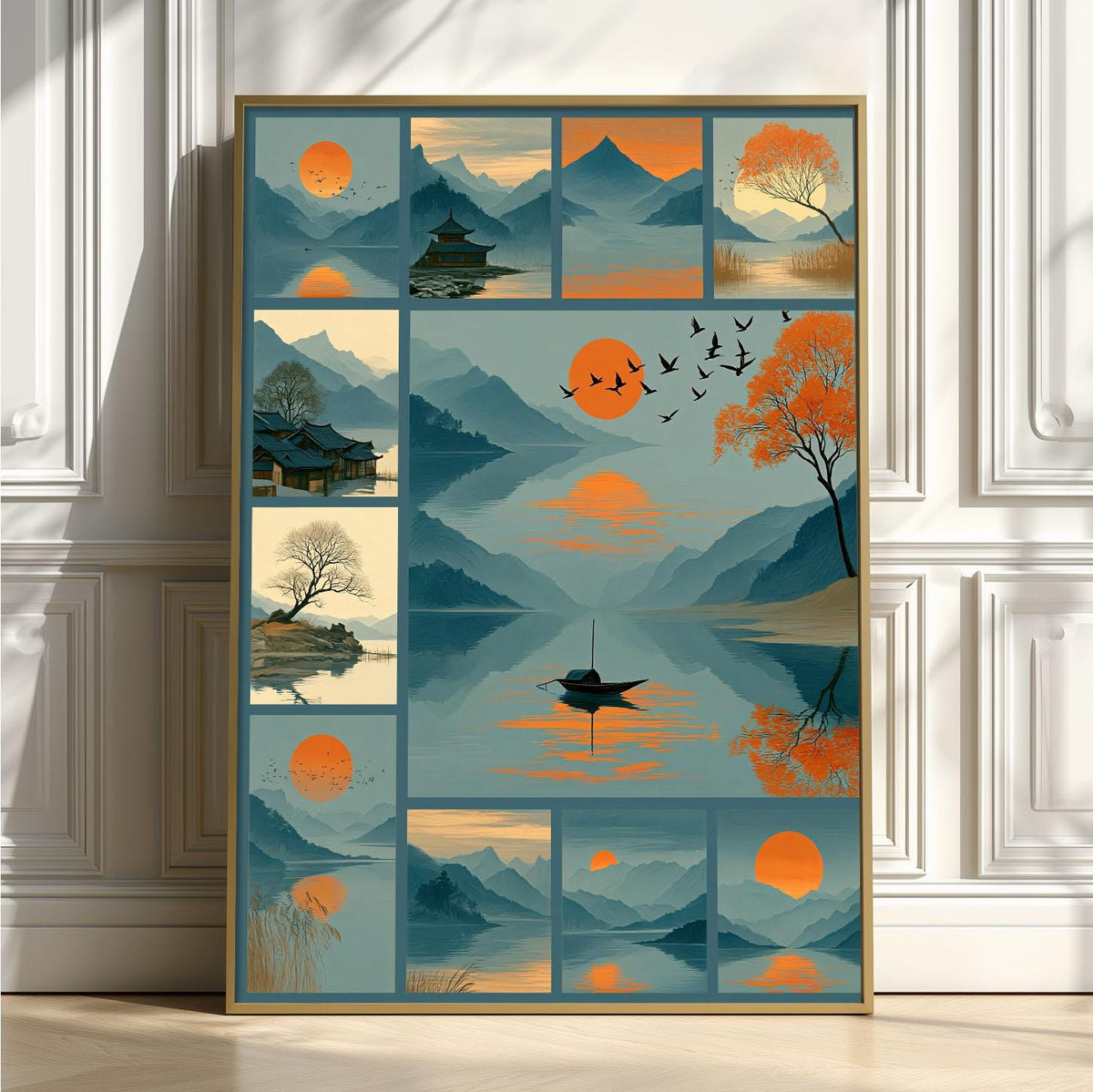 Mid Century Landscape Poster, Japandi Lake Art Print, Orange Sun Mountain Illustration