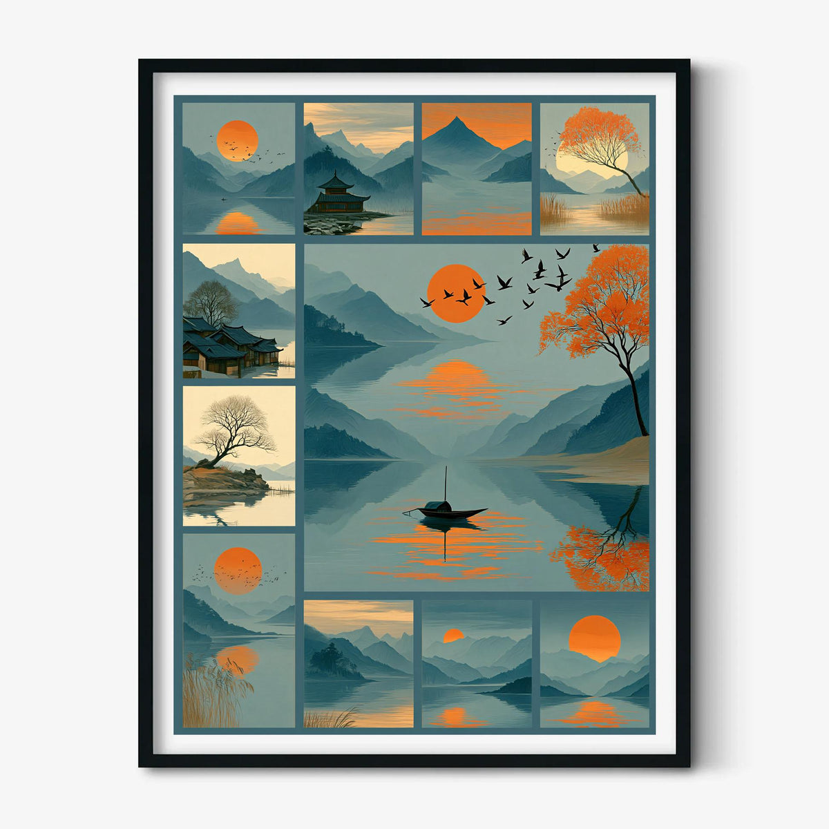 Mid Century Landscape Poster, Japandi Lake Art Print, Orange Sun Mountain Illustration