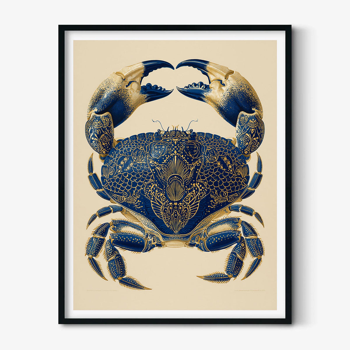 Navy Gold Ornate Crab Print, Coastal Vintage Natural History Wall Art