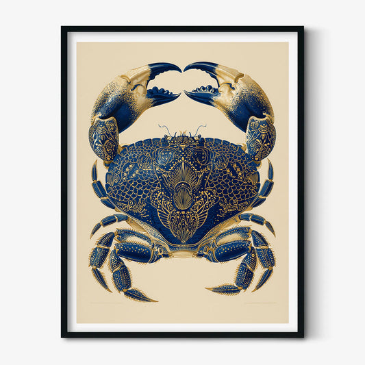 Navy Gold Ornate Crab Print, Coastal Vintage Natural History Wall Art