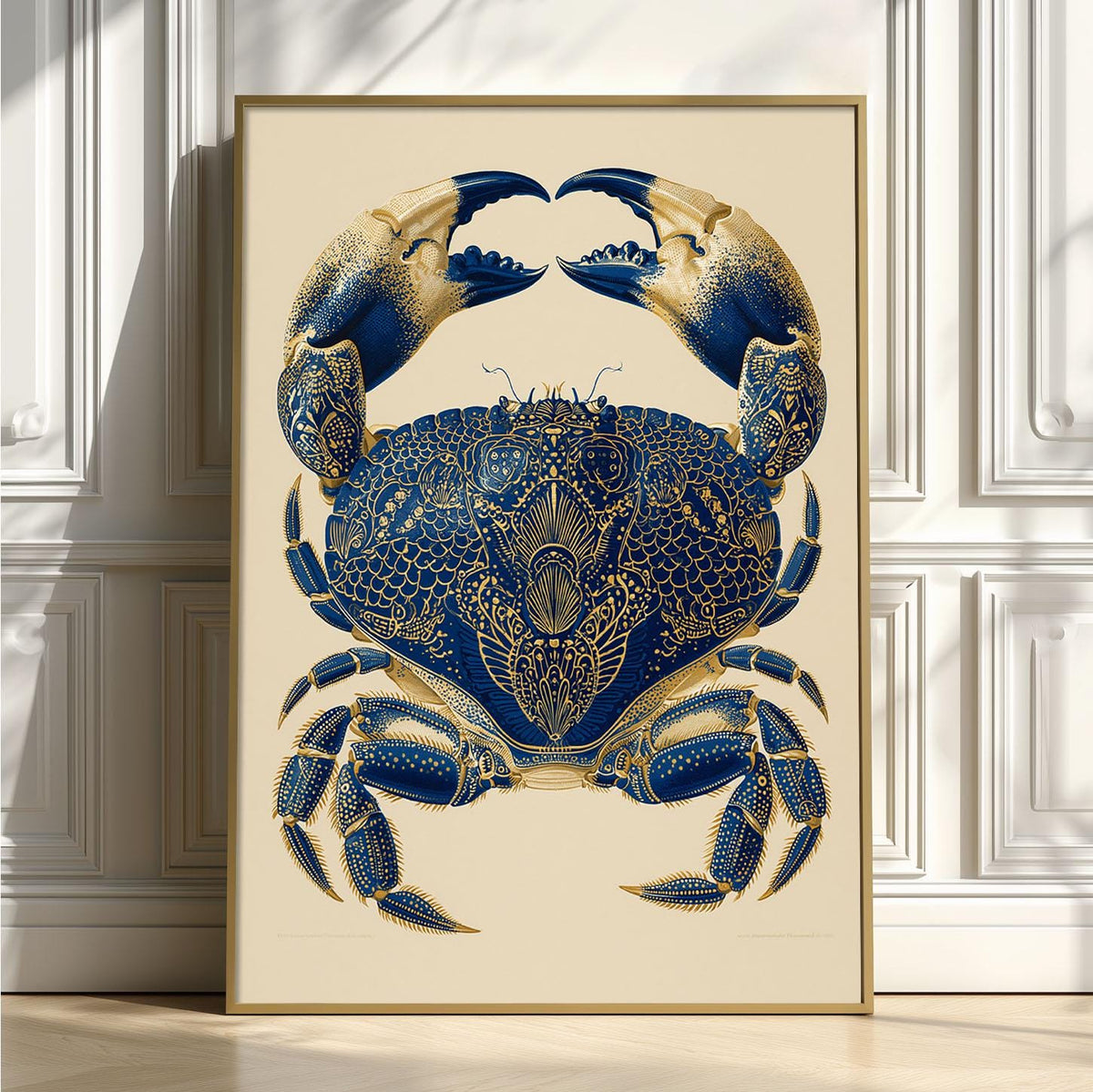 Navy Gold Ornate Crab Print, Coastal Vintage Natural History Wall Art