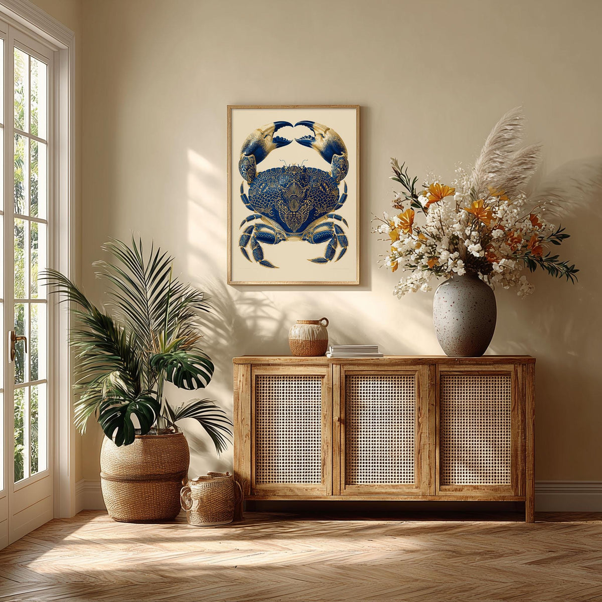 Navy Gold Ornate Crab Print, Coastal Vintage Natural History Wall Art