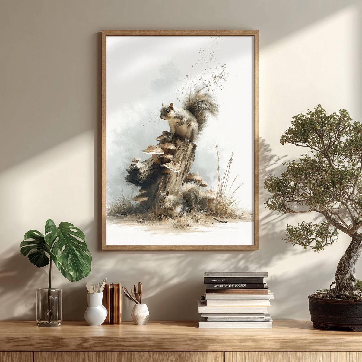 Woodland Squirrel Print, Forest Animal Wall Art, Mushroom Log Poster, Nursery Bedroom Decor