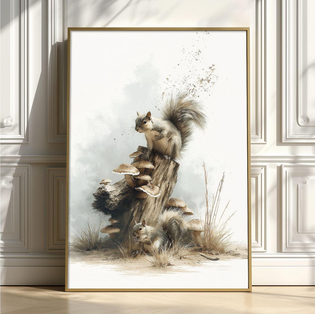 Woodland Squirrel Print, Forest Animal Wall Art, Mushroom Log Poster, Nursery Bedroom Decor