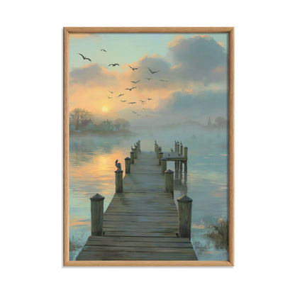 Misty Lake Dock Print, Sunrise Jetty Wall Art, Peaceful Water Poster, Bird Landscape Picture, Bedroom Lake House Decor