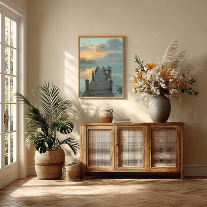 Misty Lake Dock Print, Sunrise Jetty Wall Art, Peaceful Water Poster, Bird Landscape Picture, Bedroom Lake House Decor