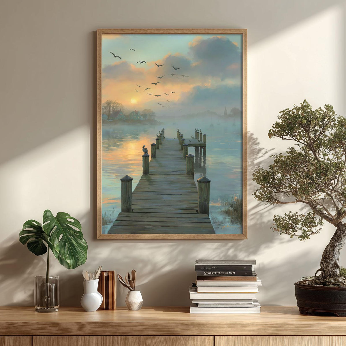 Misty Lake Dock Print, Sunrise Jetty Wall Art, Peaceful Water Poster, Bird Landscape Picture, Bedroom Lake House Decor