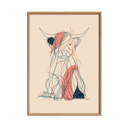 Highland Cow Line Art Print, Minimal Cow Wall Art, Abstract Animal Poster, Bedroom Decor