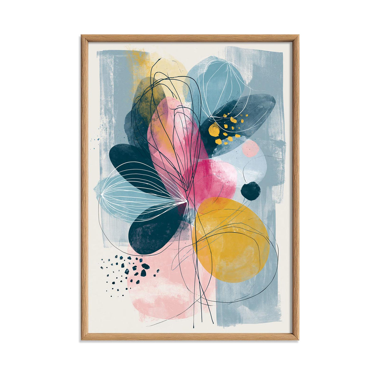 Abstract Floral Wall Art, Pink Yellow Blue Poster Print, Modern Botanical Picture, Bedroom Living Room Decor