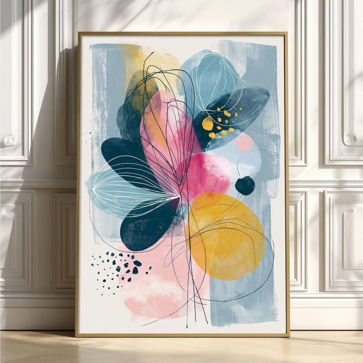 Abstract Floral Wall Art, Pink Yellow Blue Poster Print, Modern Botanical Picture, Bedroom Living Room Decor