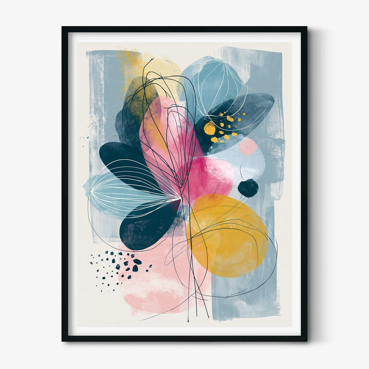Abstract Floral Wall Art, Pink Yellow Blue Poster Print, Modern Botanical Picture, Bedroom Living Room Decor