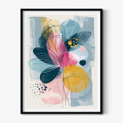 Abstract Floral Wall Art, Pink Yellow Blue Poster Print, Modern Botanical Picture, Bedroom Living Room Decor