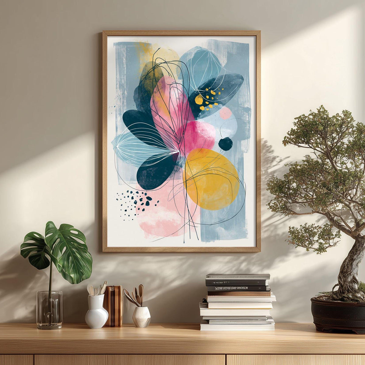Abstract Floral Wall Art, Pink Yellow Blue Poster Print, Modern Botanical Picture, Bedroom Living Room Decor