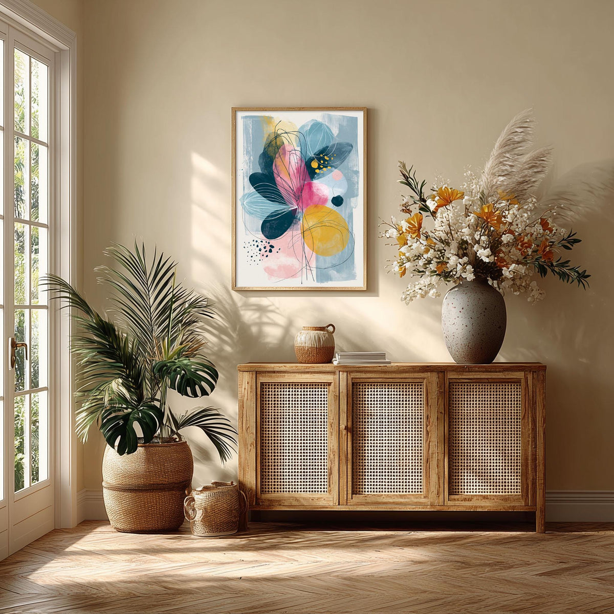 Abstract Floral Wall Art, Pink Yellow Blue Poster Print, Modern Botanical Picture, Bedroom Living Room Decor