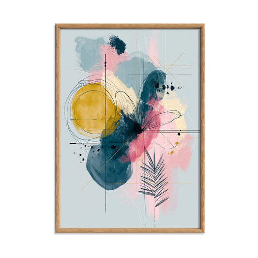 Abstract Botanical Wall Art, Pink Yellow Blue Poster Print, Modern Leaf Line Picture, Bedroom Living Room Decor