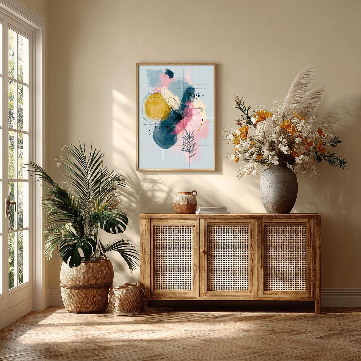 Abstract Botanical Wall Art, Pink Yellow Blue Poster Print, Modern Leaf Line Picture, Bedroom Living Room Decor