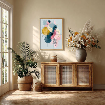 Abstract Botanical Wall Art, Pink Yellow Blue Poster Print, Modern Leaf Line Picture, Bedroom Living Room Decor