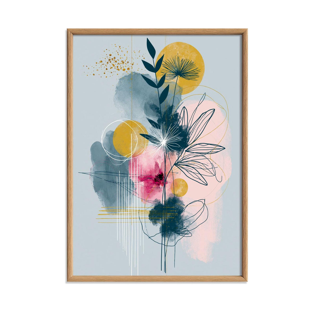 Abstract Botanical Wall Art, Pink Yellow Blue Poster Print, Modern Floral Line Picture, Bedroom Living Room Decor