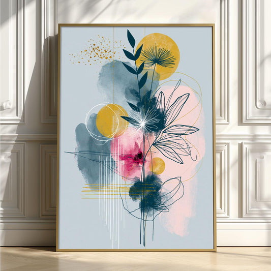 Abstract Botanical Wall Art, Pink Yellow Blue Poster Print, Modern Floral Line Picture, Bedroom Living Room Decor