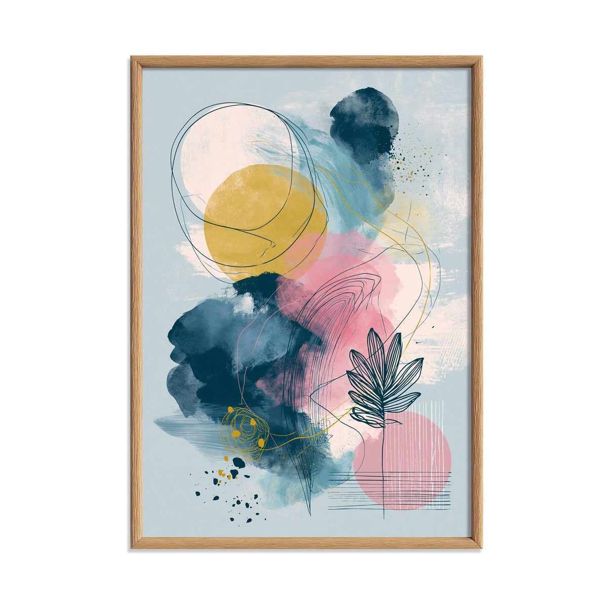 Abstract Botanical Print, Pink Yellow Blue Wall Art, Modern Leaf Line Picture, Bedroom Living Room Decor