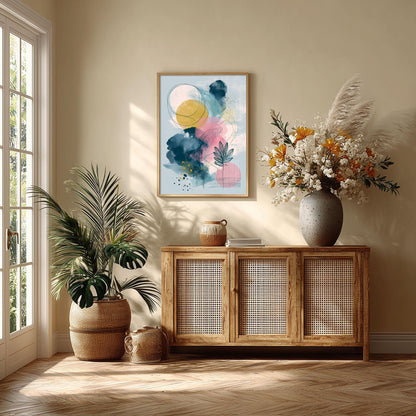 Abstract Botanical Print, Pink Yellow Blue Wall Art, Modern Leaf Line Picture, Bedroom Living Room Decor