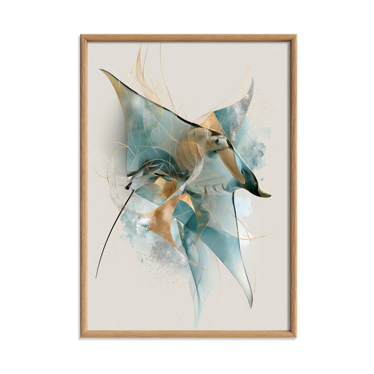 Abstract Manta Ray Wall Art, Blue Stingray Poster Print, Ocean Animal Picture, Coastal Bathroom Decor