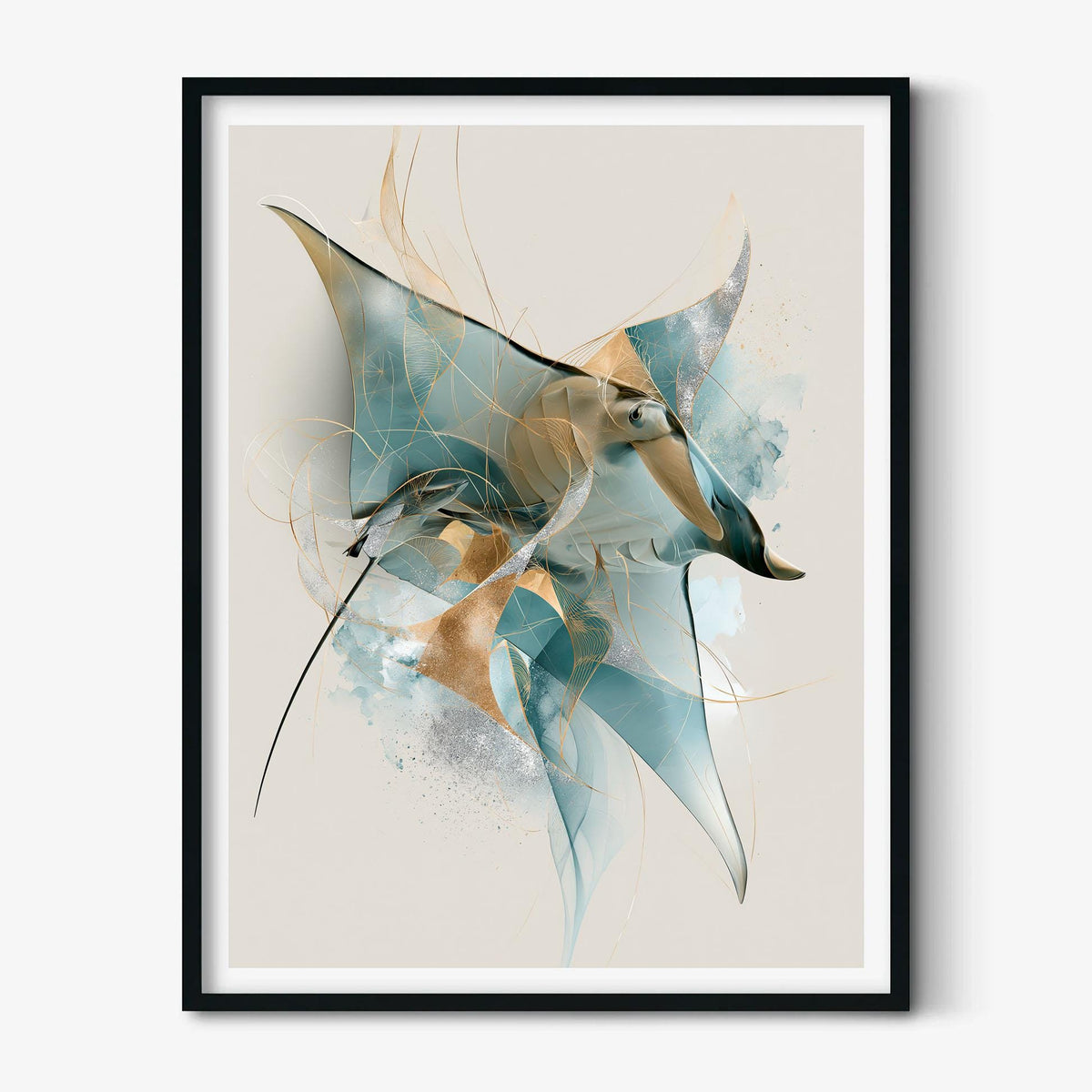 Abstract Manta Ray Wall Art, Blue Stingray Poster Print, Ocean Animal Picture, Coastal Bathroom Decor