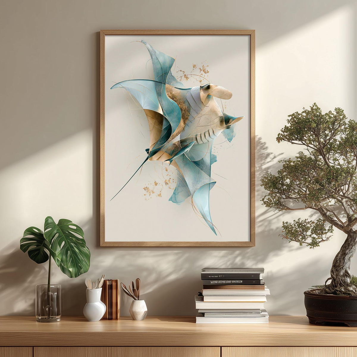 Blue Stingray Poster Print, Abstract Manta Ray Wall Art, Ocean Animal Picture, Coastal Bathroom Decor
