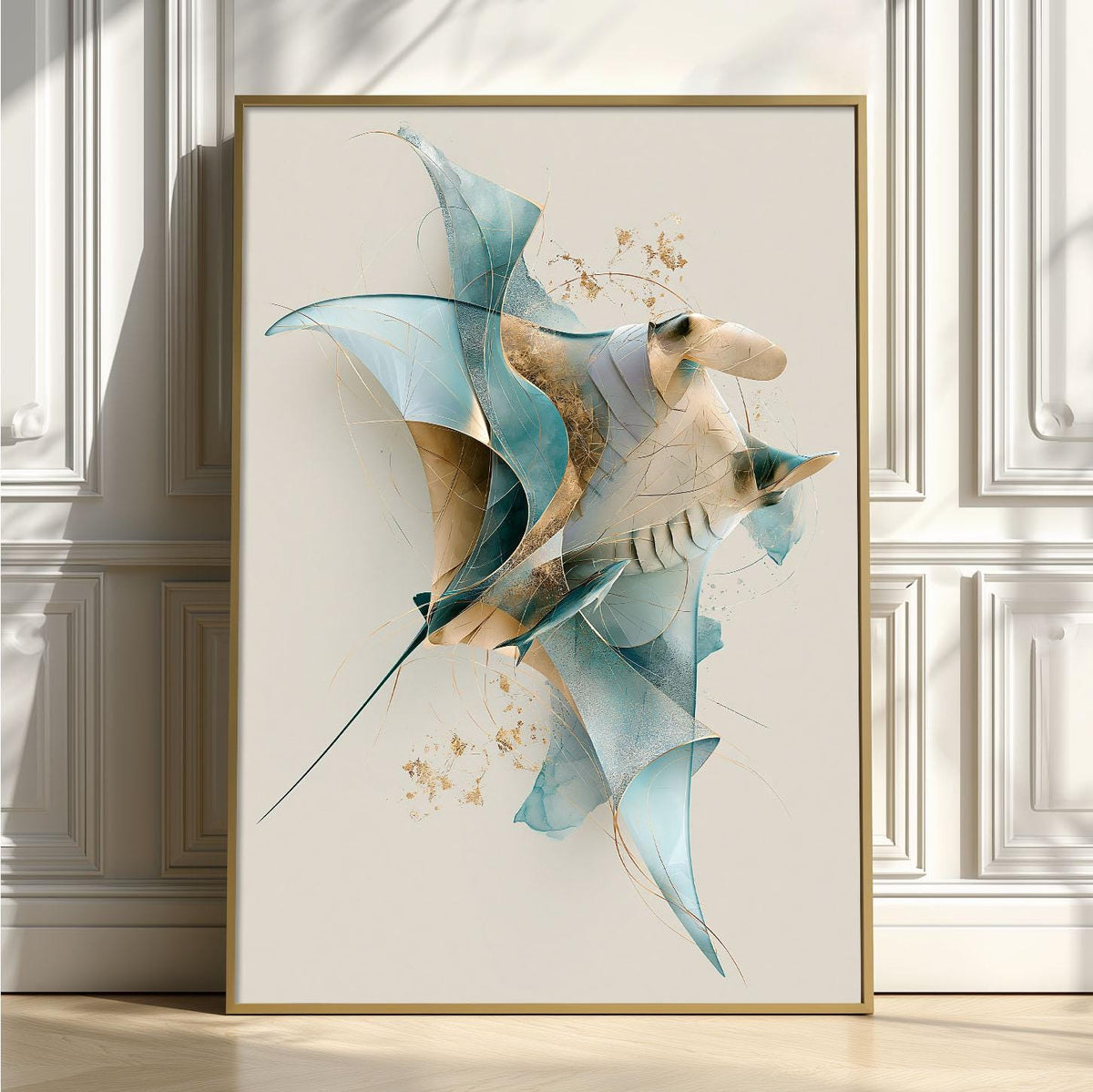 Blue Stingray Poster Print, Abstract Manta Ray Wall Art, Ocean Animal Picture, Coastal Bathroom Decor