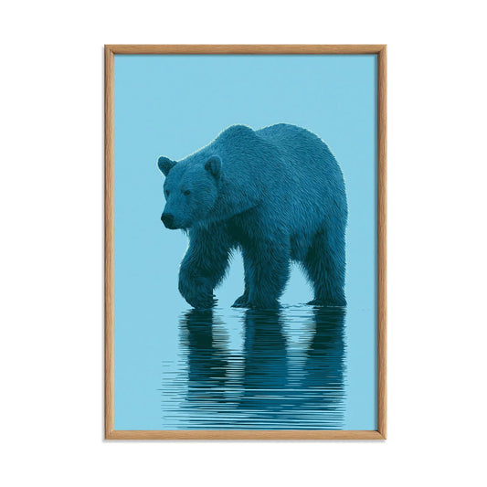 Blue Bear Wall Art, Minimal Wildlife Poster Print, Bear Reflection Picture, Nursery Cabin Bedroom Decor