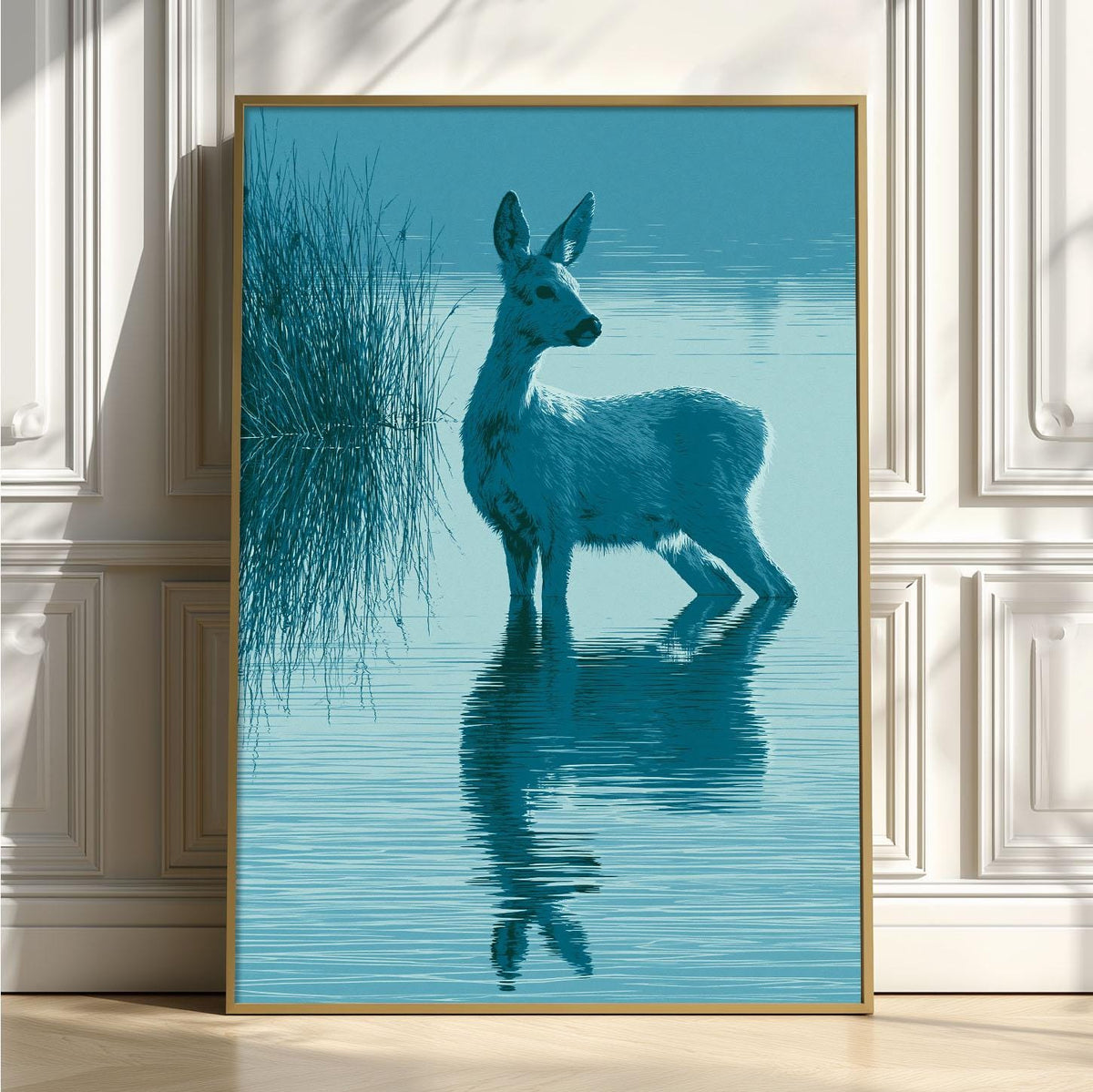 Blue Deer Wall Art, Deer Reflection Poster Print, Woodland Animal Picture, Lake Nursery Bedroom Decor