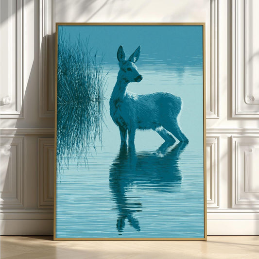Blue Deer Wall Art, Deer Reflection Poster Print, Woodland Animal Picture, Lake Nursery Bedroom Decor